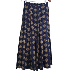 Women's Navy Blue Gold Metallic Geo Print Maxi Skirt A-Line Elegant Boho Resort